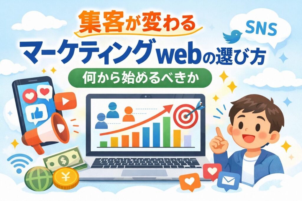 マーケティング webで集客を改善する考え方をイラストで表現したアイキャッチ画像