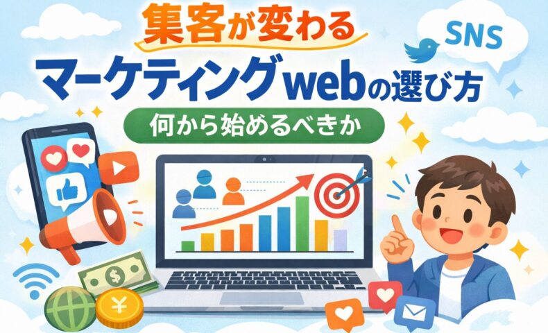 マーケティング webで集客を改善する考え方をイラストで表現したアイキャッチ画像