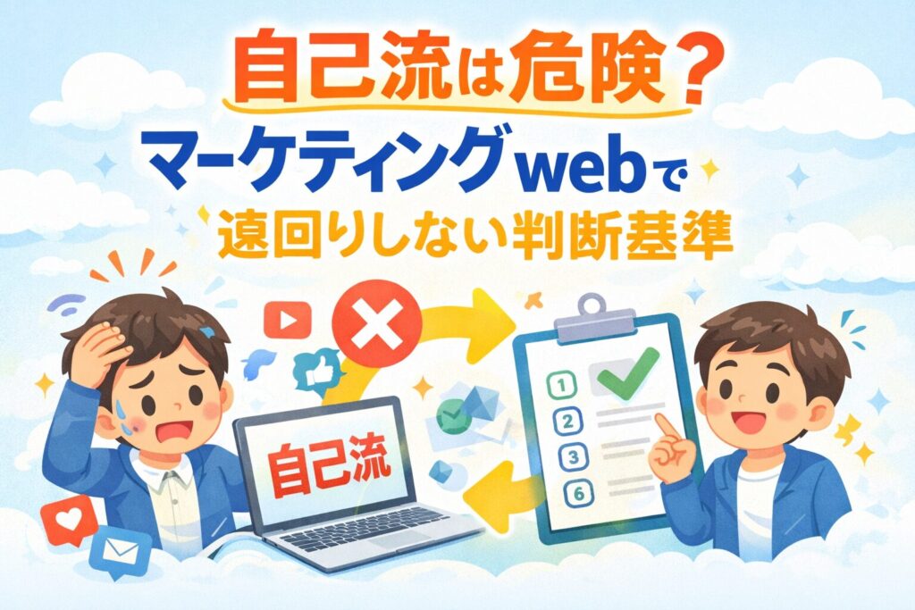 マーケティング webを自己流で進めて悩む事業主と、正しい判断基準で前に進む様子を表現したアイキャッチ画像