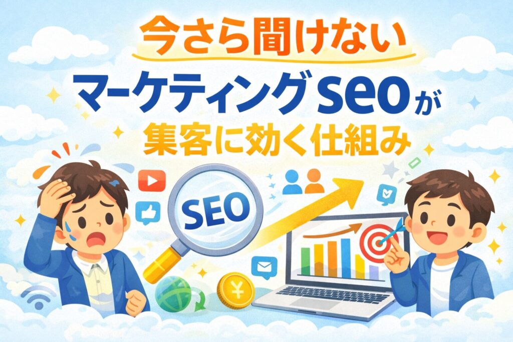 マーケティング seoが集客に効く仕組みを図解イメージで分かりやすく表現したアイキャッチ画像