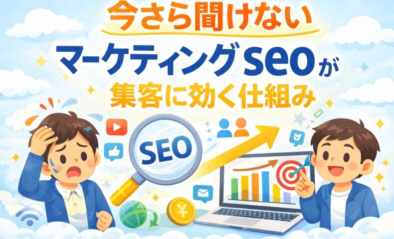 マーケティング seoが集客に効く仕組みを図解イメージで分かりやすく表現したアイキャッチ画像