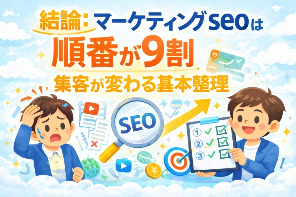 マーケティング seoは順番が9割で集客が変わることを、悩む事業主と整理できた事業主の対比で表現したアイキャッチ画像