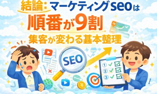 マーケティング seoは順番が9割で集客が変わることを、悩む事業主と整理できた事業主の対比で表現したアイキャッチ画像