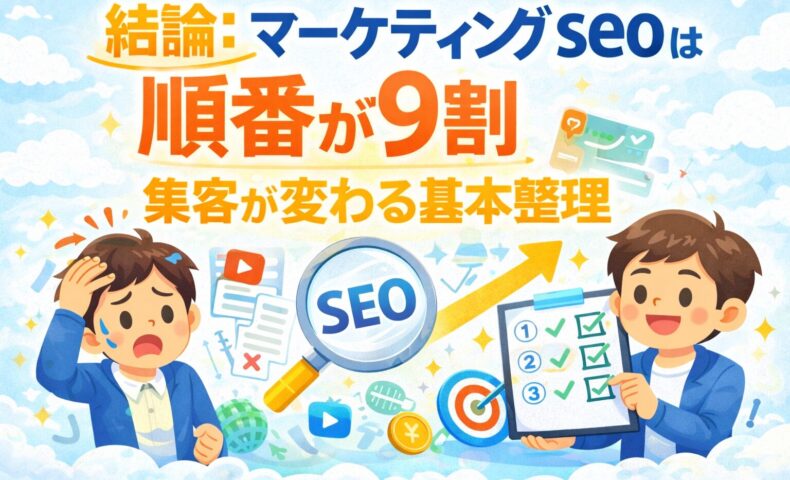 マーケティング seoは順番が9割で集客が変わることを、悩む事業主と整理できた事業主の対比で表現したアイキャッチ画像