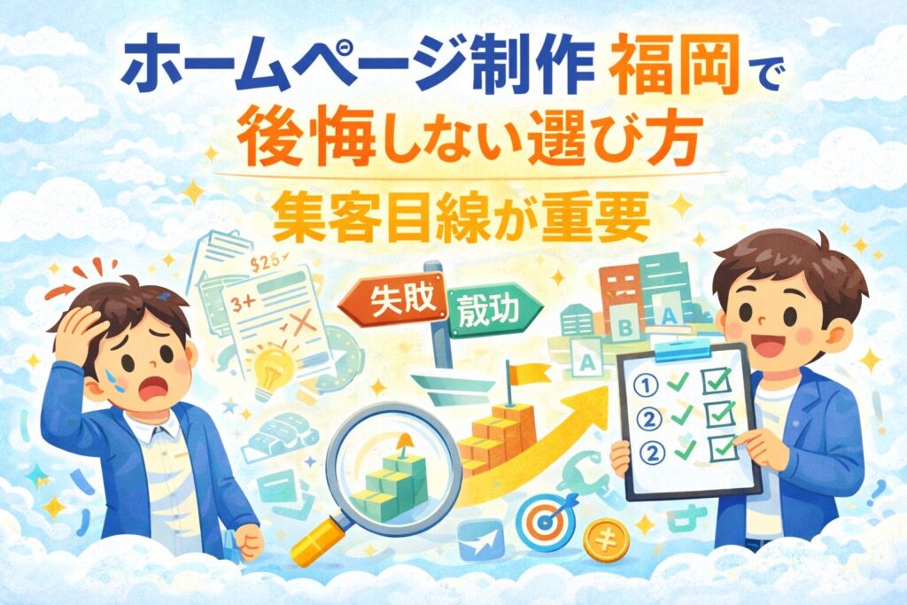 ホームページ制作 福岡で後悔しないために、集客目線で制作会社を選ぶ重要性を成功と失敗の対比で表現したアイキャッチ画像