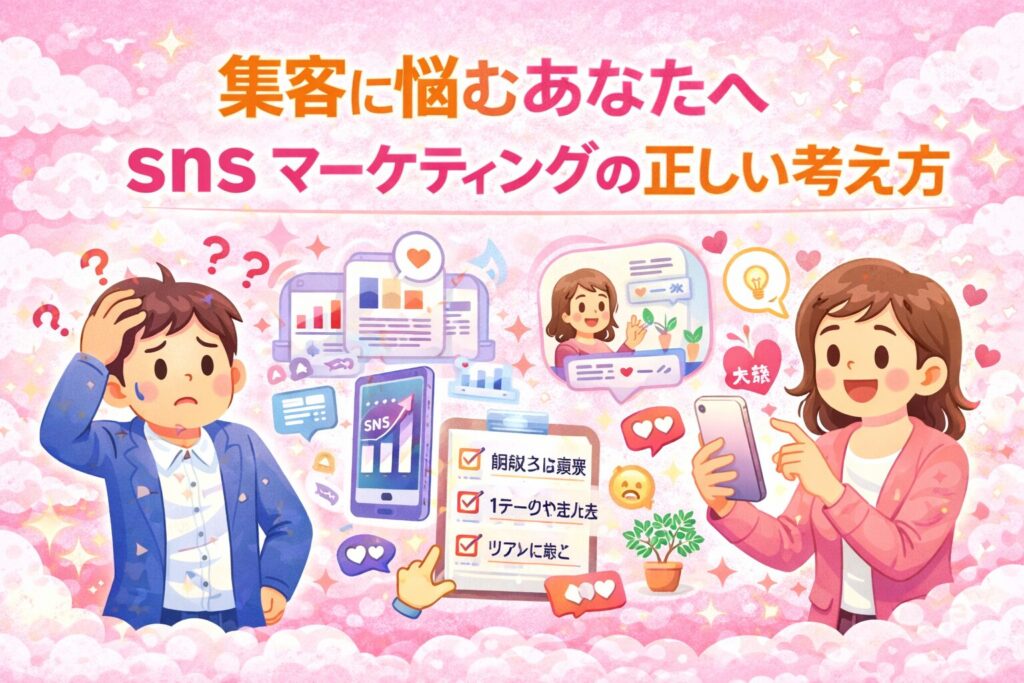 sns マーケティングで集客に悩む事業主と、正しい考え方に気づいて前向きに発信する様子をピンクベースで表現したアイキャッチ画像