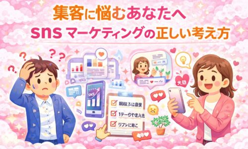 sns マーケティングで集客に悩む事業主と、正しい考え方に気づいて前向きに発信する様子をピンクベースで表現したアイキャッチ画像