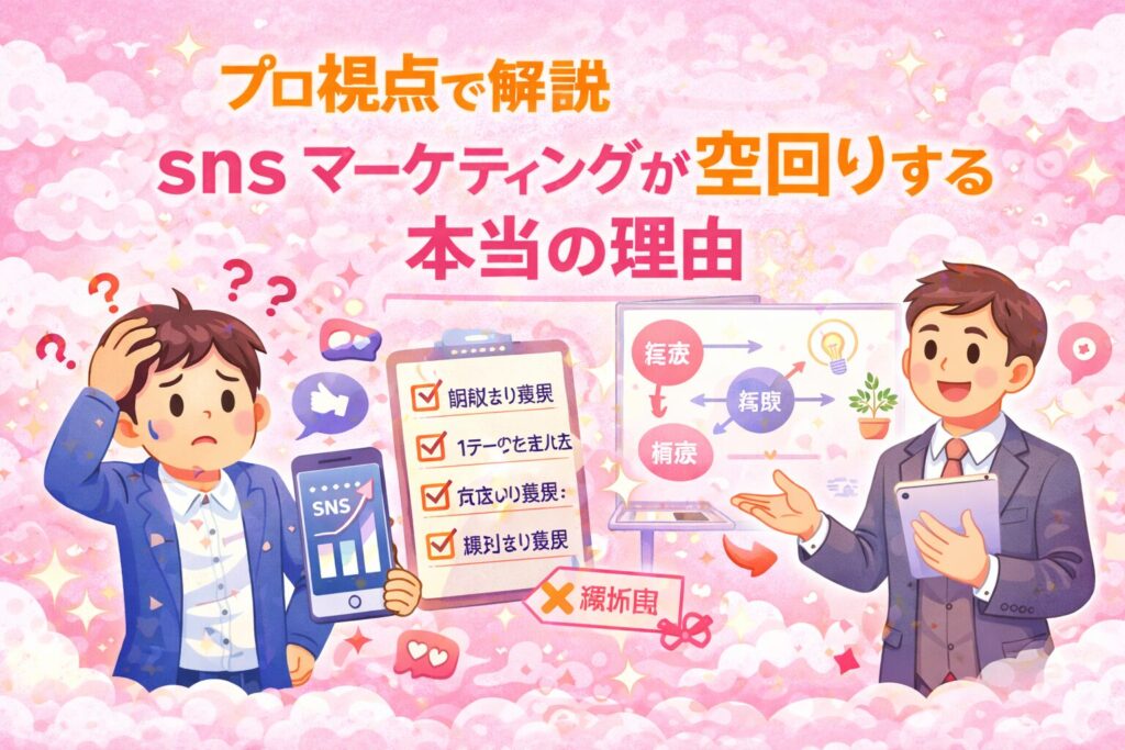 sns マーケティングが空回りして悩む事業主と、正しい集客導線を解説するプロのイラスト