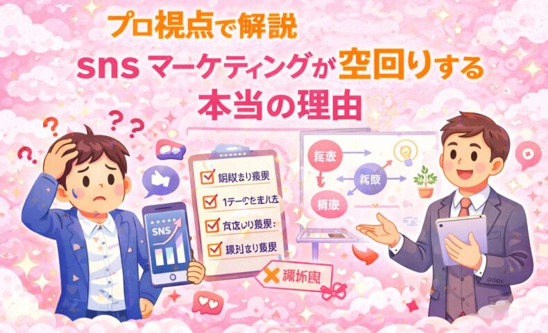 sns マーケティングが空回りして悩む事業主と、正しい集客導線を解説するプロのイラスト