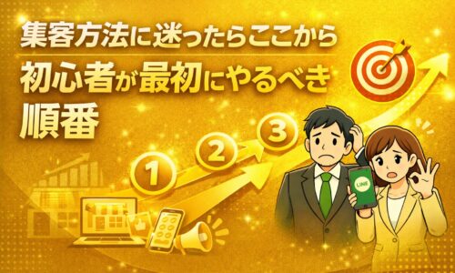 集客 方法に迷う事業主向けに初心者が最初にやるべき順番を解説する金色ベースのアイキャッチ画像