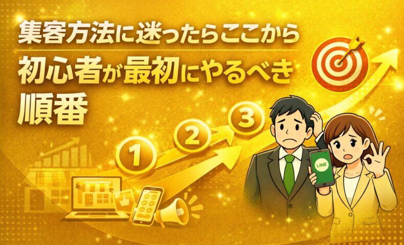 集客 方法に迷う事業主向けに初心者が最初にやるべき順番を解説する金色ベースのアイキャッチ画像