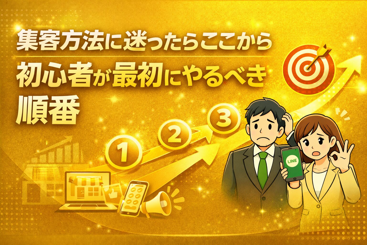 集客 方法に迷う事業主向けに初心者が最初にやるべき順番を解説する金色ベースのアイキャッチ画像