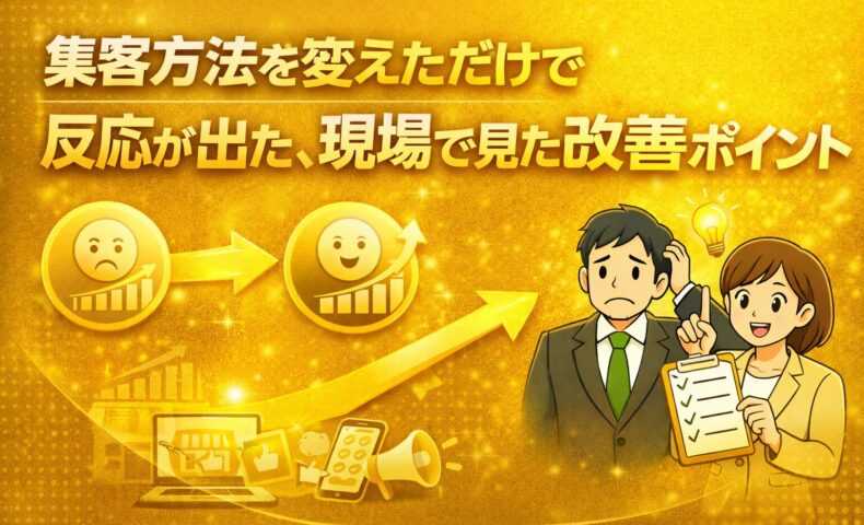 集客 方法を見直しただけで反応が出た改善ポイントを伝える金色ベースのアイキャッチ画像