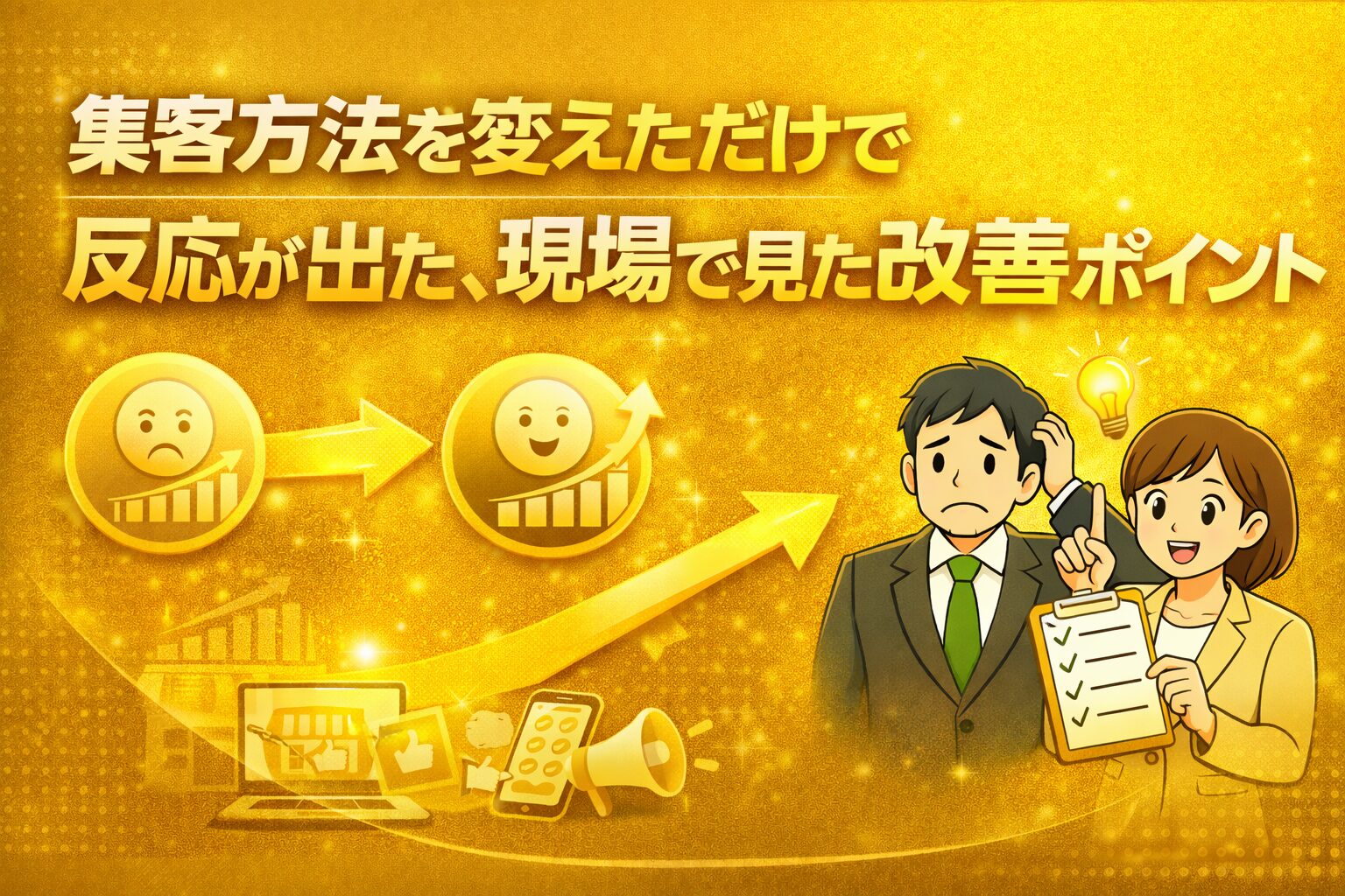集客 方法を見直しただけで反応が出た改善ポイントを伝える金色ベースのアイキャッチ画像
