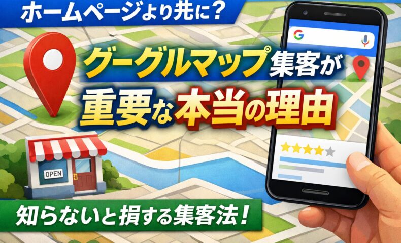 グーグルマップ集客の重要性を解説するアイキャッチ画像。地図とスマートフォン画面を用いて、ホームページより先にGoogle Maps対策が必要な理由を表現。