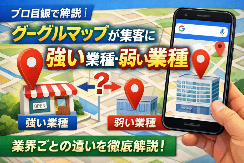 グーグルマップ集客が業種によって強い場合と弱い場合を比較して解説するアイキャッチ画像。地図、店舗、オフィス、スマートフォン画面を用いて業種差を表現。