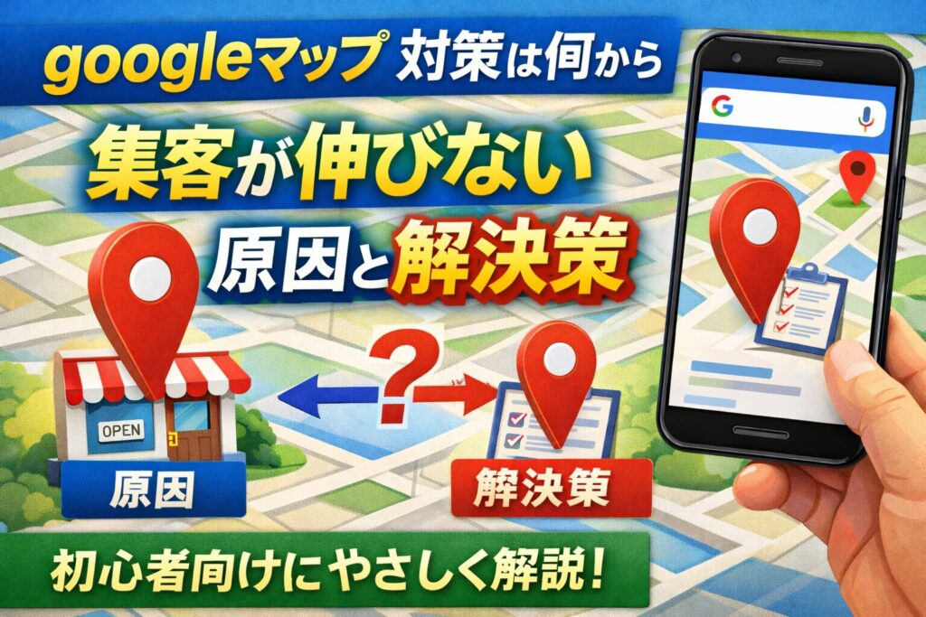 googleマップ 対策を何から始めるべきかを初心者向けに解説したアイキャッチ画像。地図デザインと店舗、スマートフォン画面を使い、集客が伸びない原因と解決策を視覚的に表現。
