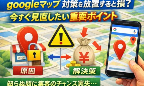 googleマップ 対策を放置すると集客チャンスを失うことを示したアイキャッチ画像。地図背景に店舗ピン、警告マーク、減少する売上を表す袋とスマートフォン画面を配置し、原因と解決策を視覚的に表現。