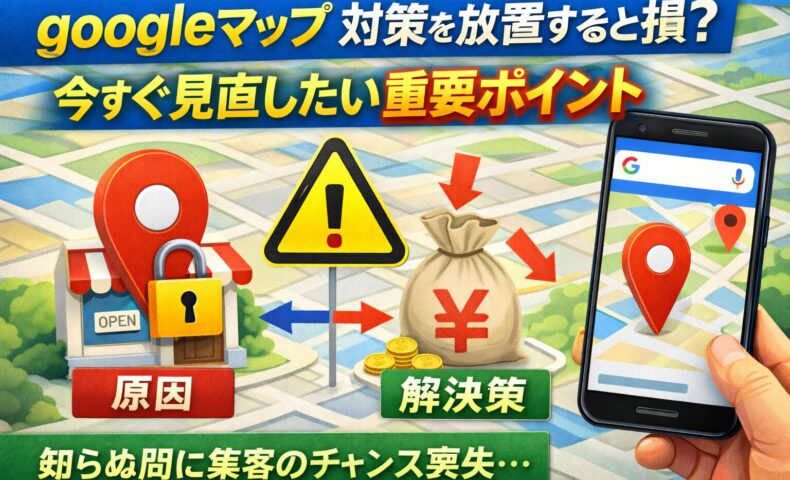 googleマップ 対策を放置すると集客チャンスを失うことを示したアイキャッチ画像。地図背景に店舗ピン、警告マーク、減少する売上を表す袋とスマートフォン画面を配置し、原因と解決策を視覚的に表現。