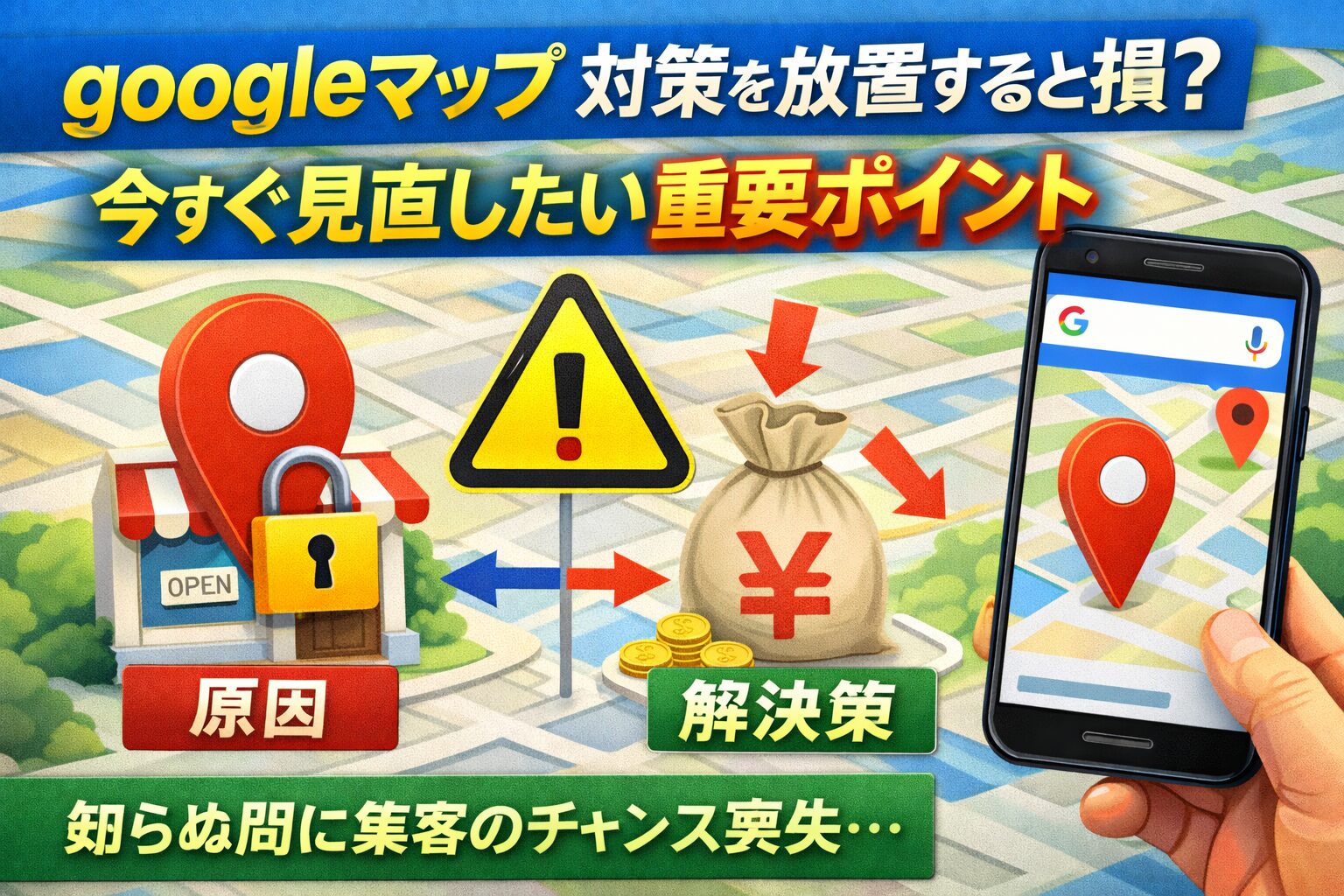 googleマップ 対策を放置すると集客チャンスを失うことを示したアイキャッチ画像。地図背景に店舗ピン、警告マーク、減少する売上を表す袋とスマートフォン画面を配置し、原因と解決策を視覚的に表現。