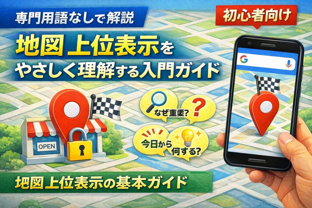 地図 上位表示を専門用語なしで解説する入門ガイドのアイキャッチ画像。Google Maps風の地図デザインにスマートフォン、店舗ピン、初心者向けの吹き出しを配置し、集客の基本を分かりやすく表現。