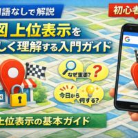 地図 上位表示を専門用語なしで解説する入門ガイドのアイキャッチ画像。Google Maps風の地図デザインにスマートフォン、店舗ピン、初心者向けの吹き出しを配置し、集客の基本を分かりやすく表現。