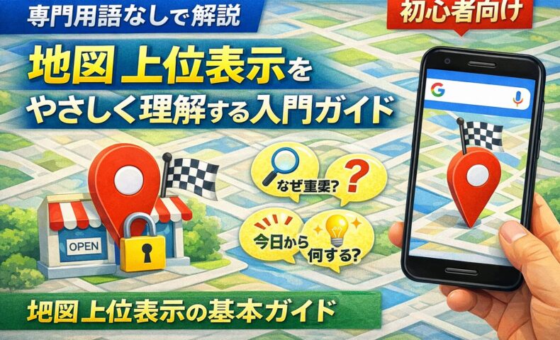 地図 上位表示を専門用語なしで解説する入門ガイドのアイキャッチ画像。Google Maps風の地図デザインにスマートフォン、店舗ピン、初心者向けの吹き出しを配置し、集客の基本を分かりやすく表現。