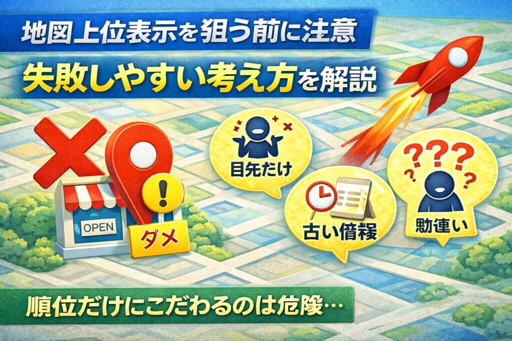 地図 上位表示を狙う前に注意すべき失敗しやすい考え方を解説したアイキャッチ画像。Google Maps風の地図デザインに、順位だけを気にする人や古い情報、勘違いを示すアイコンを配置し、集客の落とし穴を視覚的に表現。