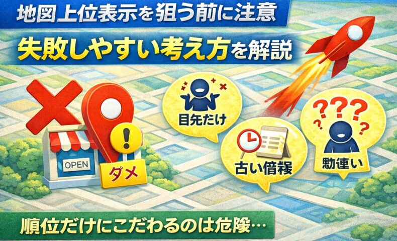 地図 上位表示を狙う前に注意すべき失敗しやすい考え方を解説したアイキャッチ画像。Google Maps風の地図デザインに、順位だけを気にする人や古い情報、勘違いを示すアイコンを配置し、集客の落とし穴を視覚的に表現。