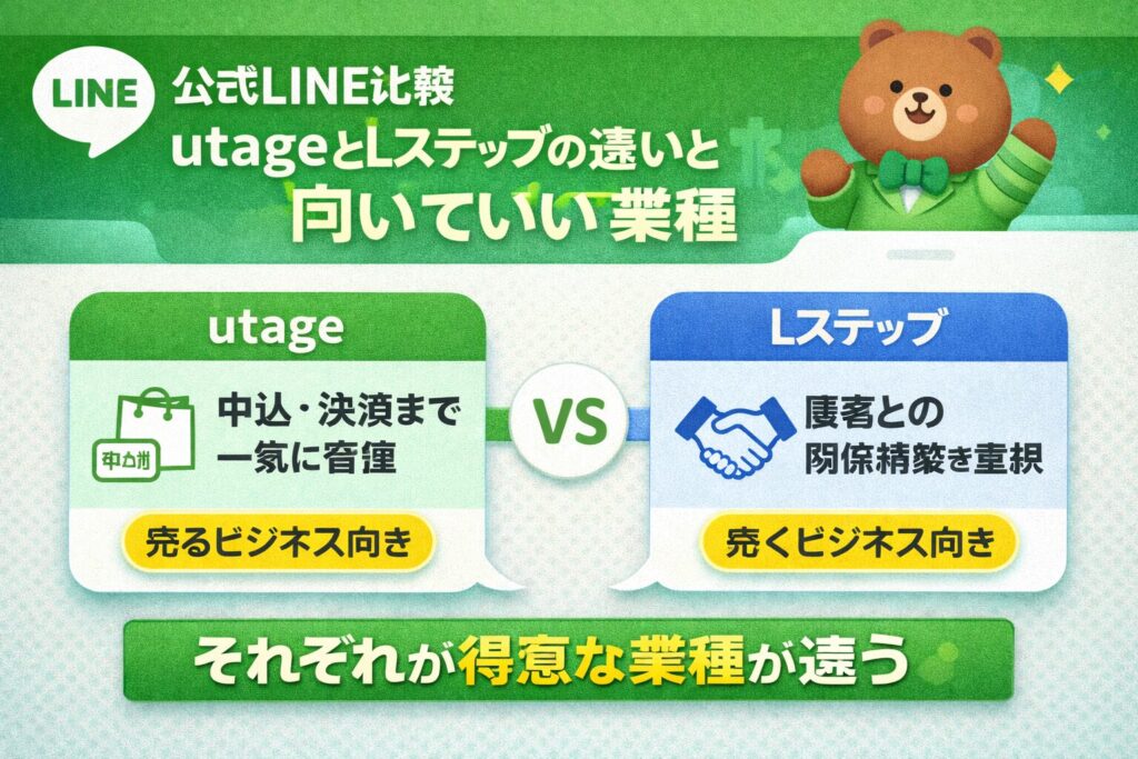 公式LINEツールのutageとLステップを比較し、それぞれに向いている業種の違いを分かりやすく解説した図解イメージ