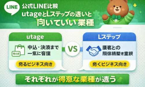 公式LINEツールのutageとLステップを比較し、それぞれに向いている業種の違いを分かりやすく解説した図解イメージ