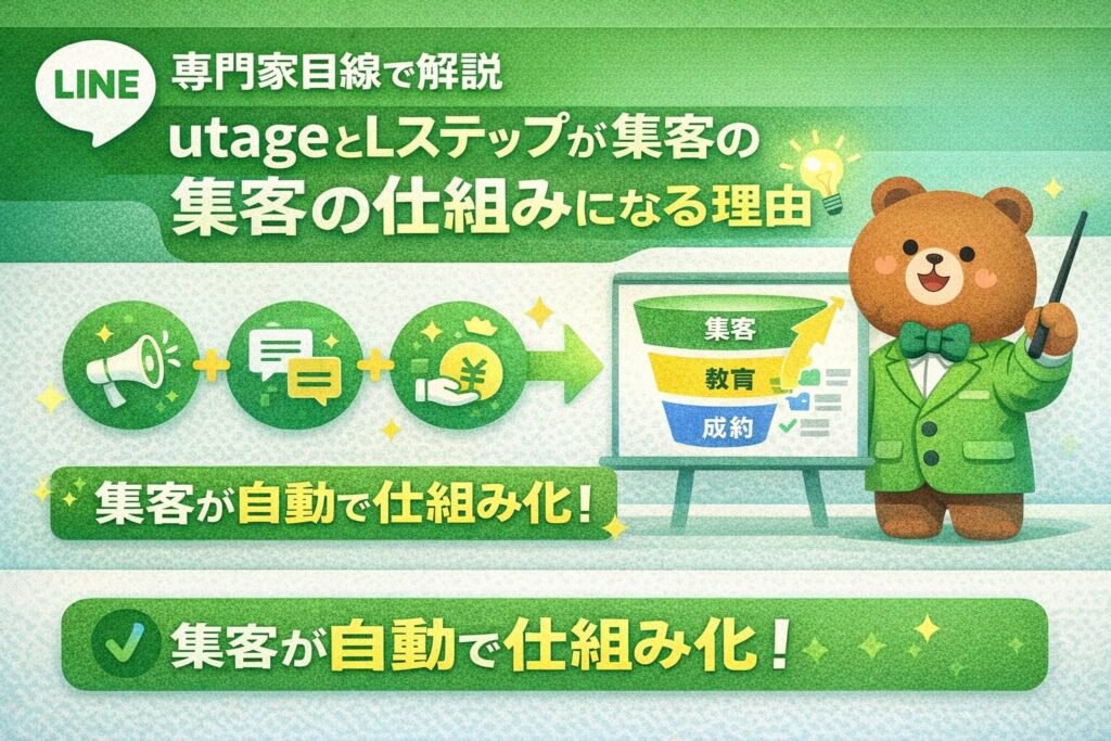 utageとLステップを使った公式LINE集客の仕組みを専門家目線で解説したアイキャッチ画像。LINE風デザインの中で、集客から成約までの流れを図解し、自動化のイメージを分かりやすく表現。