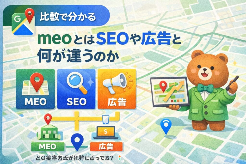 Google Mapsの地図背景上で、MEO・SEO・広告の違いをアイコンで比較し、集客の仕組みを分かりやすく解説している図解イメージ