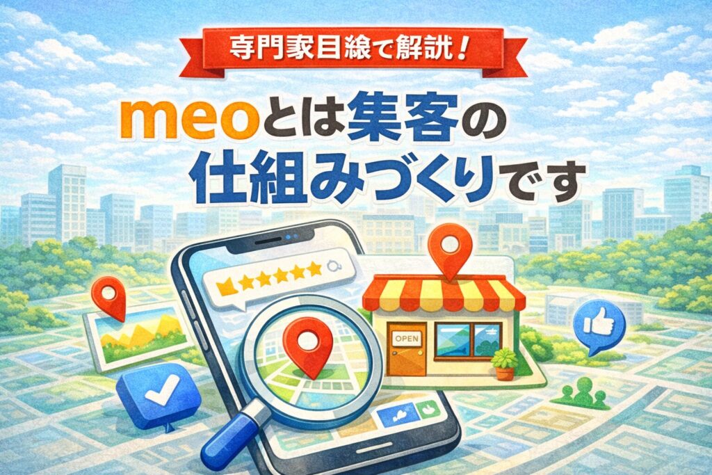 meoとは何かを専門家目線で解説し、Googleマップ上で店舗が選ばれる仕組みを表現したイラスト