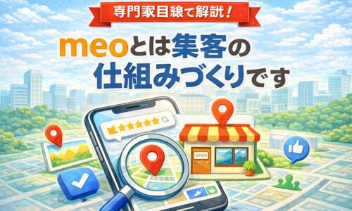 meoとは何かを専門家目線で解説し、Googleマップ上で店舗が選ばれる仕組みを表現したイラスト