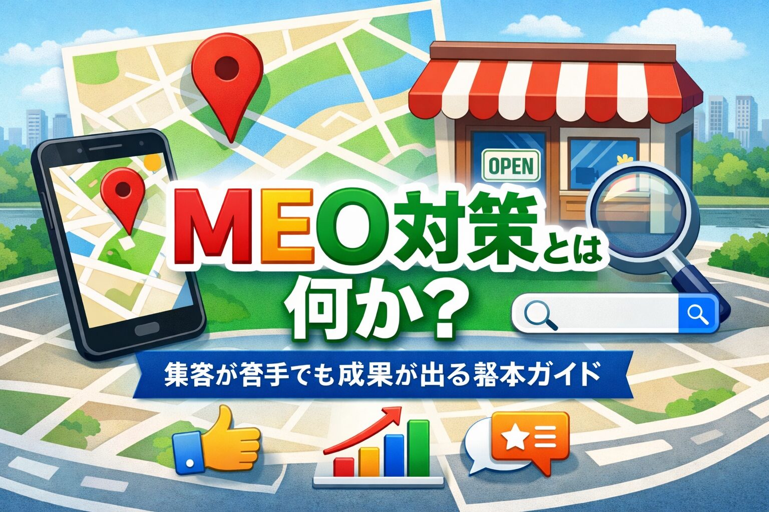 meo 対策とは何かを解説するGoogleマップ風アイキャッチ画像