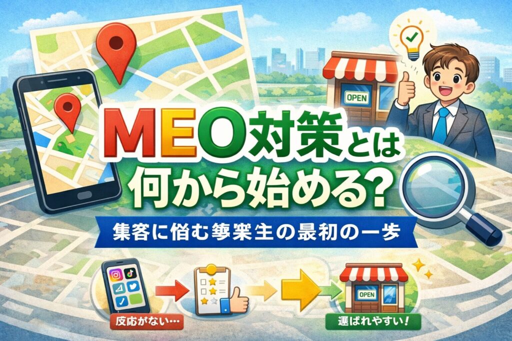 meo 対策とは何から始めるべきかを示すGoogleマップ風アイキャッチ画像