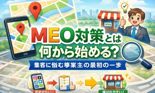 meo 対策とは何から始めるべきかを示すGoogleマップ風アイキャッチ画像