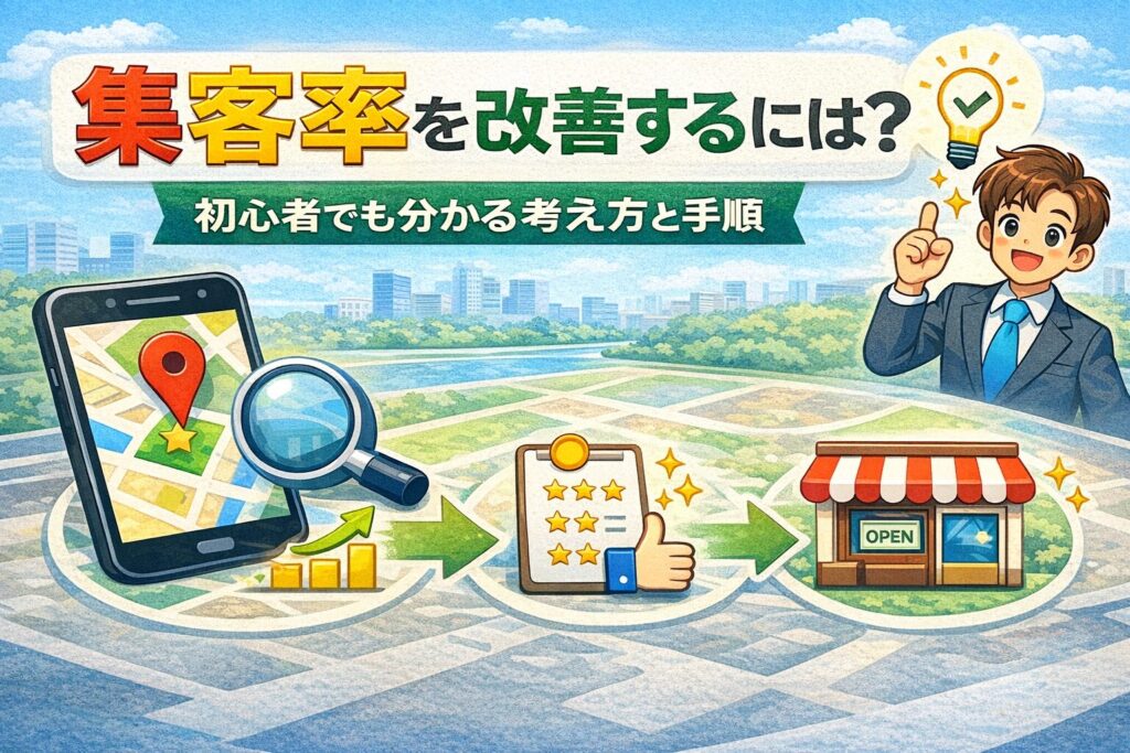 集客率を改善するためのGoogleマップ集客の流れを分かりやすく示した図解イメージ