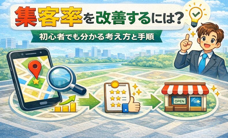 集客率を改善するためのGoogleマップ集客の流れを分かりやすく示した図解イメージ