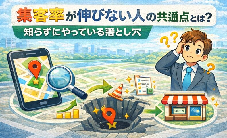 集客率が伸びない原因となる落とし穴をGoogleマップ風に表現した図解アイキャッチ画像