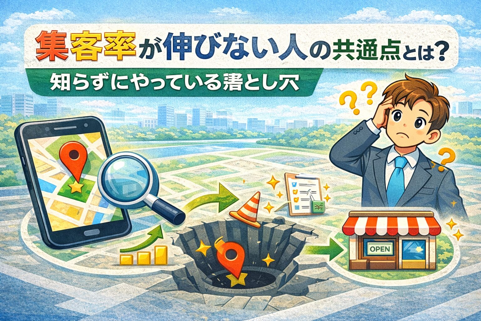 集客率が伸びない原因となる落とし穴をGoogleマップ風に表現した図解アイキャッチ画像
