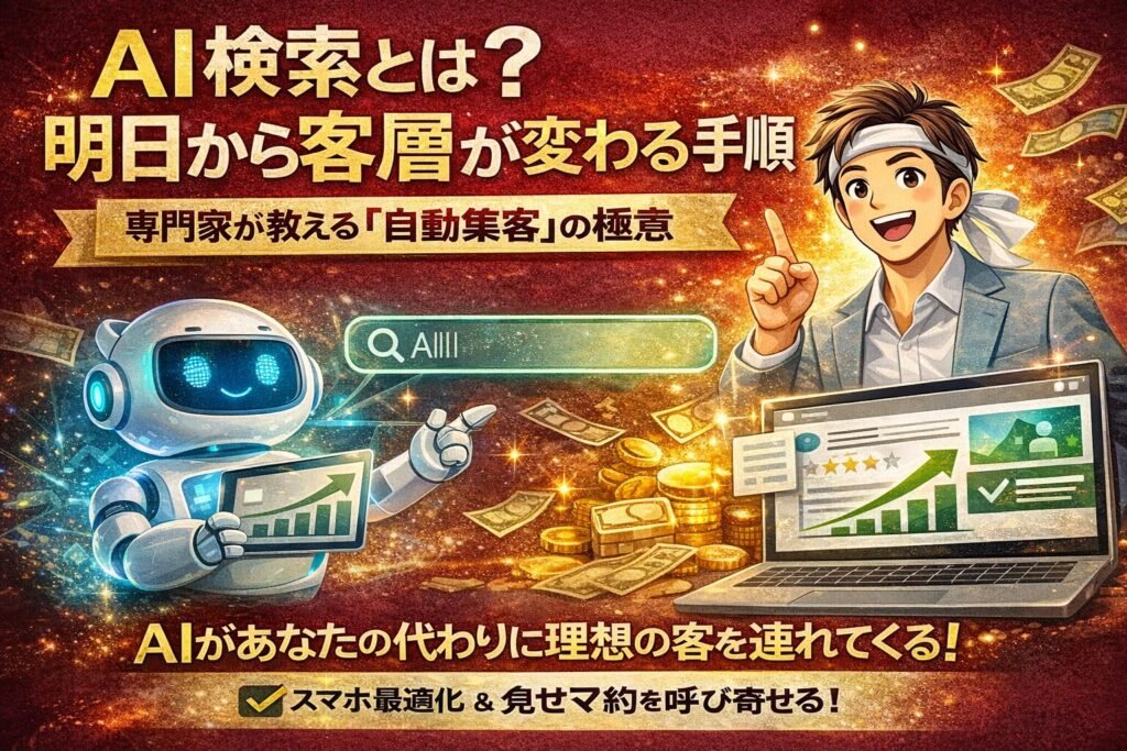 AI検索を活用して自動集客を実現する仕組みを、AIロボットと成果が伸びる事業主の対比で示し、客層が変わる流れを表現