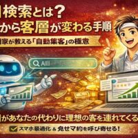 AI検索を活用して自動集客を実現する仕組みを、AIロボットと成果が伸びる事業主の対比で示し、客層が変わる流れを表現