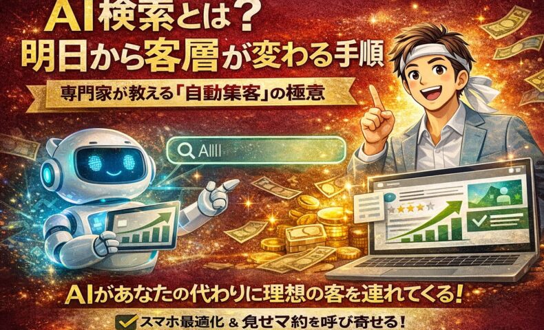AI検索を活用して自動集客を実現する仕組みを、AIロボットと成果が伸びる事業主の対比で示し、客層が変わる流れを表現