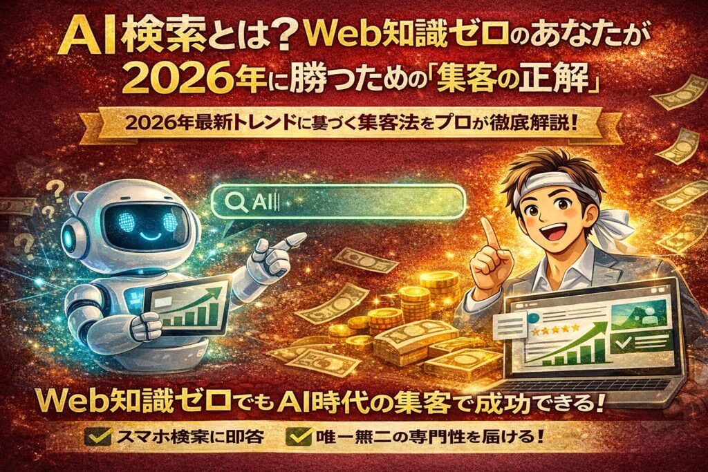 ai検索とは何かを視覚的に示し、Web知識ゼロの事業者でもAI検索を活用して集客の流れを変えられる仕組みを表現