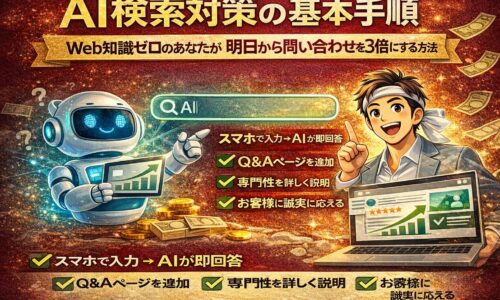 AI検索対策の基本手順を解説する記事のアイキャッチで、AIと検索結果、問い合わせ増加の流れを視覚的に示している構成