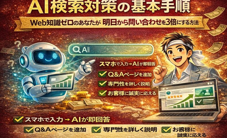 AI検索対策の基本手順を解説する記事のアイキャッチで、AIと検索結果、問い合わせ増加の流れを視覚的に示している構成