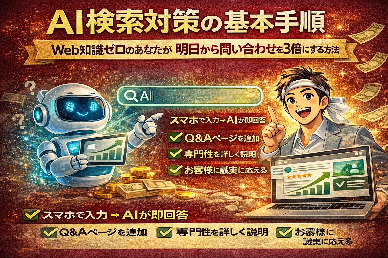 AI検索対策の基本手順を解説する記事のアイキャッチで、AIと検索結果、問い合わせ増加の流れを視覚的に示している構成