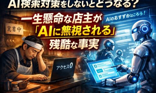 暗い店内でアクセス0の画面を前に悩む店主と、AI検索結果に選ばれず無視される様子を対比で表現したai検索対策の危機を示すイメージ